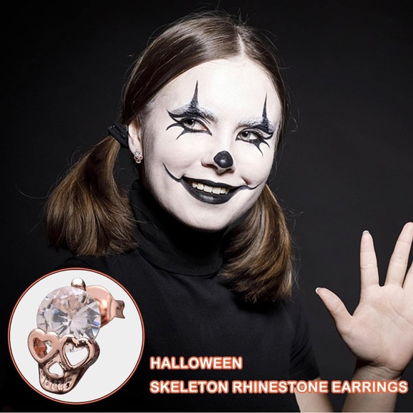 Earrings Skulls Rhinestone Hearts with Rose Gold Tone Studs Small Unisex - Picture 4 of 6